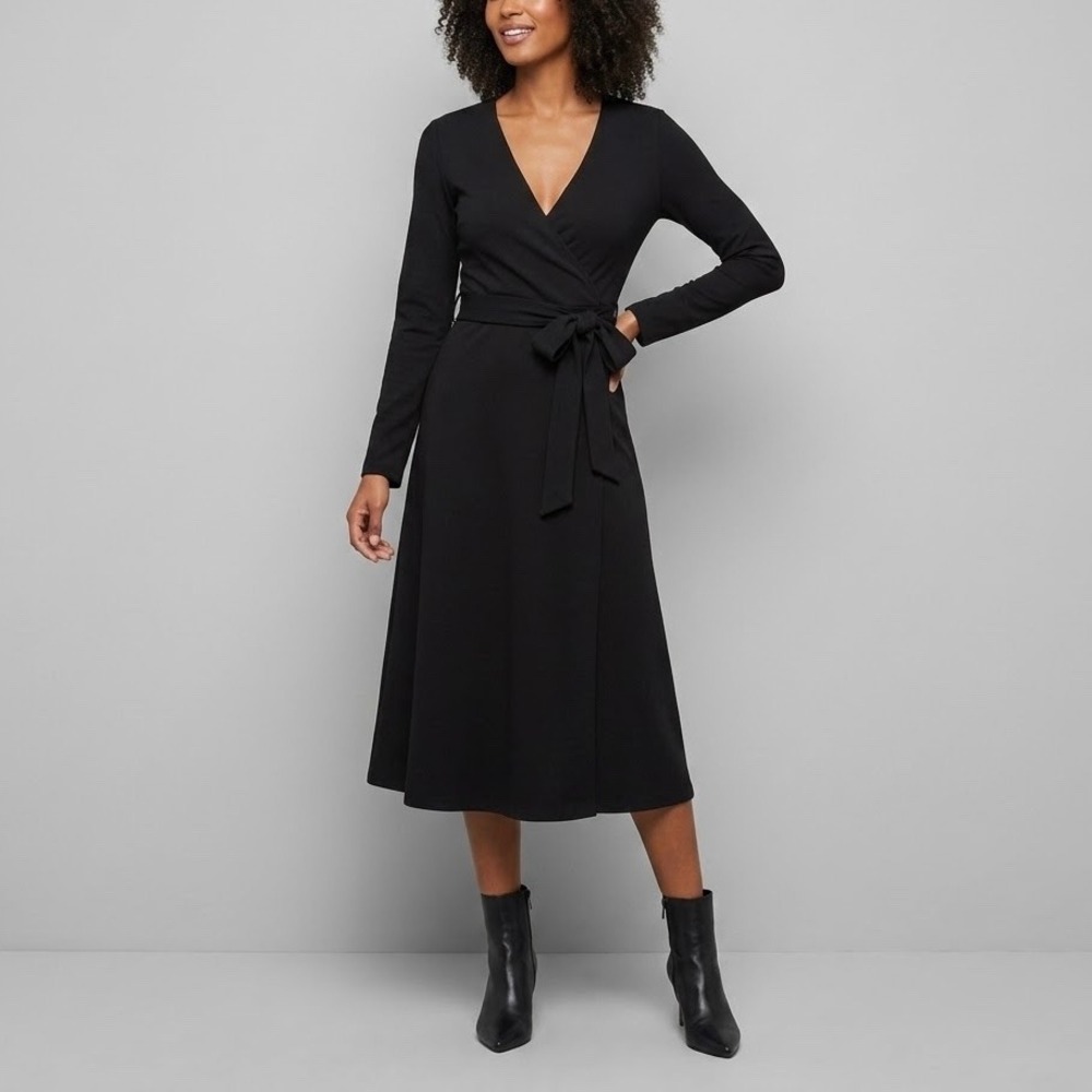 Pact Fit & Flare Wrap Midi Dress Organic Cotton Long Sleeve Pockets Size Small